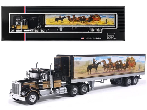 Kenworth W900 Truck with Refrigerated Trailer Black with Tan Stripes and Trailer Graphics 1/64 Diecast Model IXO Models U64TRTR004S