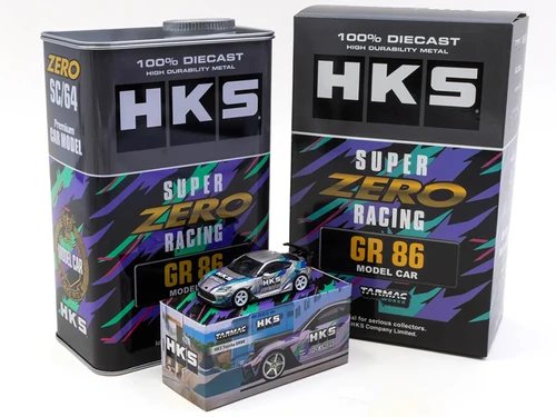 Toyota GR86 RHD Right Hand Drive HKS Gray Metallic with Graphics and Metal Oil Can Packaging Global64 Series 1/64 Diecast Model Car Tarmac Works T64G-038-GY