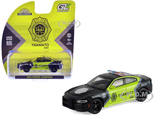 2022 Dodge Charger SSC Mexico City Traffic Control Police Black and Neon Green Hobby Exclusive Series 1/64 Diecast Model Car Greenlight 30561