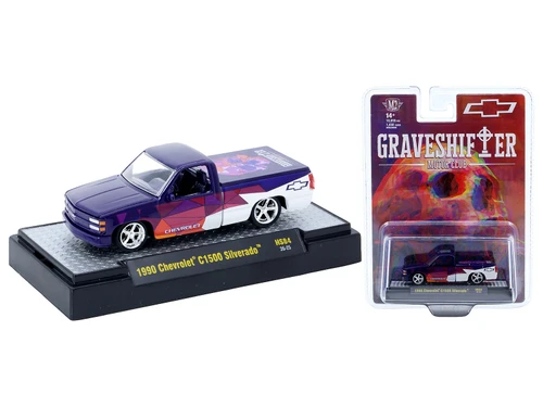 1990 Chevrolet C1500 Silverado Pickup Truck Graveshifter Motor Club Purple with Graphics and 3D Glasses Limited Edition to 18018 pieces Worldwide 1/64 Diecast Model Car M2 Machines 31500-HS84