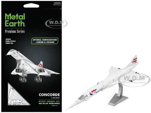 Model Kit BAC Concorde SST Aircraft British Airways White with Striped Tail Premium Series Moderate Difficulty Steel Model Metal Earth PS2028