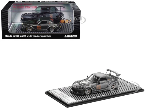 Honda S2000 Varis Wide Version Dark Panther RHD Right Hand Drive Dark Gray Metallic with Carbon Hood 1/64 Diecast Model Car Liomio LI64-HSVW-001