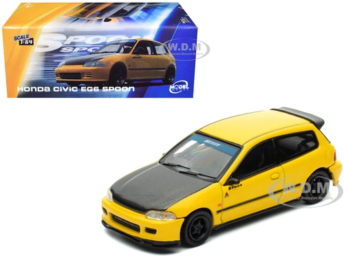 Honda Civic EG6 RHD Right Hand Drive Spoon Racing Yellow with Carbon Hood 1/64 Diecast Model Car Model Model MM64-EG6-001