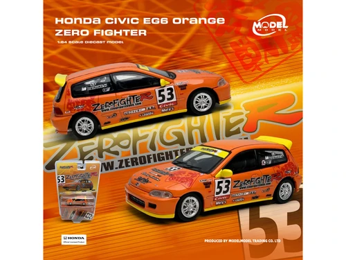 Honda Civic EG6 RHD Right Hand Drive #53 ZeroFighter Orange with Graphics 1/64 Diecast Model Car Model Model MM64-EG6-002