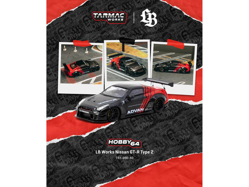 Nissan GT R R35 LB Works Type 2 RHD Right Hand Drive Advan Black and Red Hobby64 Series 1/64 Diecast Model Car Tarmac Works T64-090-AD