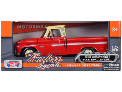 1966 Chevrolet C10 Fleetside Pickup Truck Red Cream Top 1/24 Diecast Model Car Motormax 73355