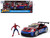 Porsche 911 GT3 RS 992 Red and Blue with Graphics and Spider Man Diecast Figure Marvel Spider Man Hollywood Rides Series 1/24 Diecast Model Car Jada 37442