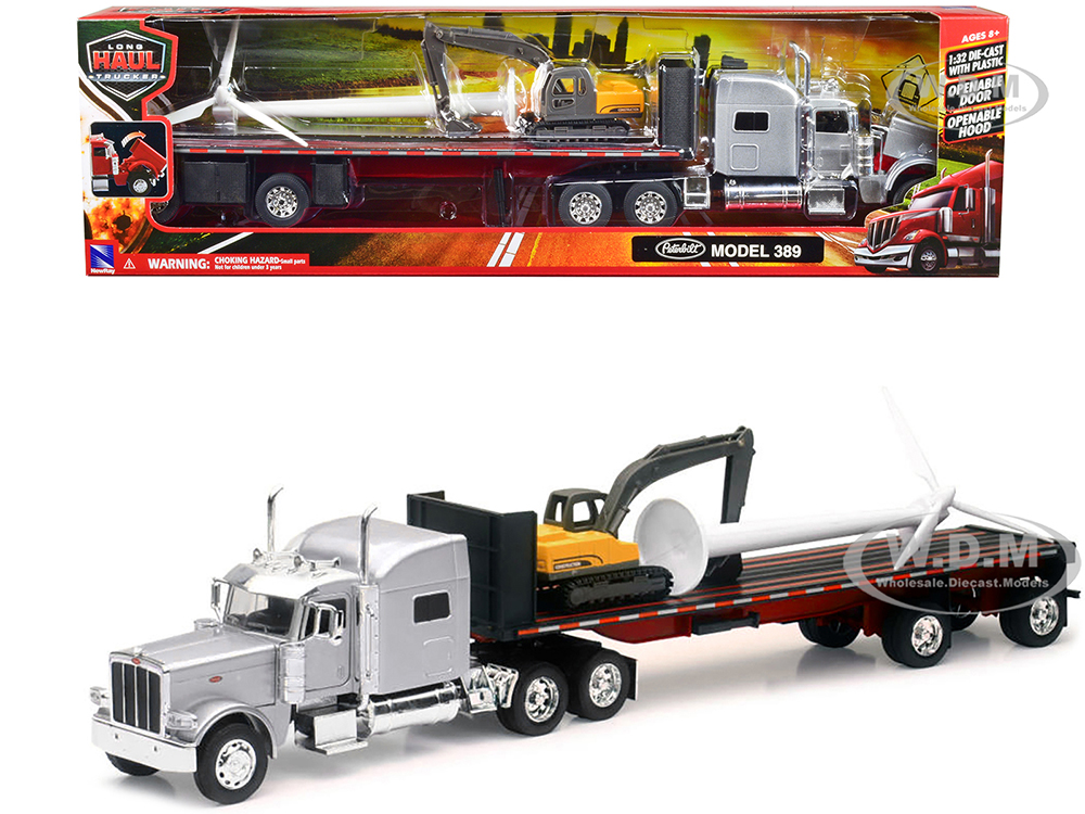 Peterbilt 389 Truck with Flatbed Trailer Silver Metallic with
