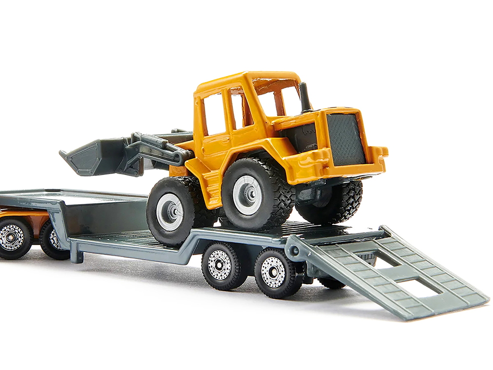 Truck with Low Loader Trailer and Front Loader Yellow Diecast