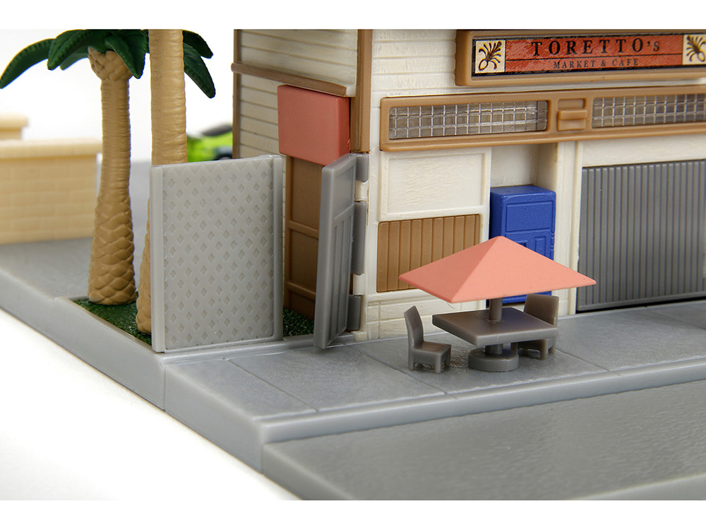 Toretto Cafe Diorama with Mitsubishi Eclipse Green and Ford F-150