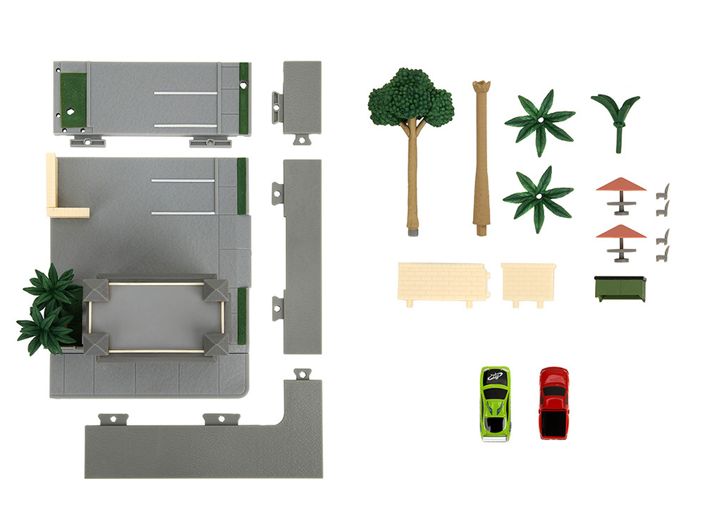 Toretto Cafe Diorama with Mitsubishi Eclipse Green and Ford F-150
