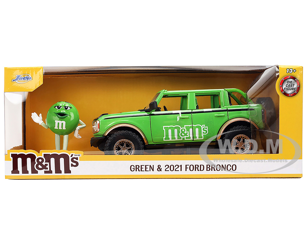 JADA &Ms 2021 フォード・ブロンコ　グリーン&グリーン・フィギア 2021 Ford Bronco Green with Black Stripes and Green M&M's Diecast