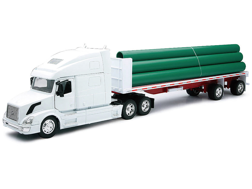 Volvo VN-780 Truck with Flatbed Trailer and Long Pipes White 