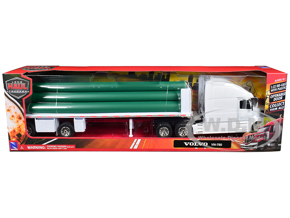Volvo VN-780 Truck with Flatbed Trailer and Long Pipes White 