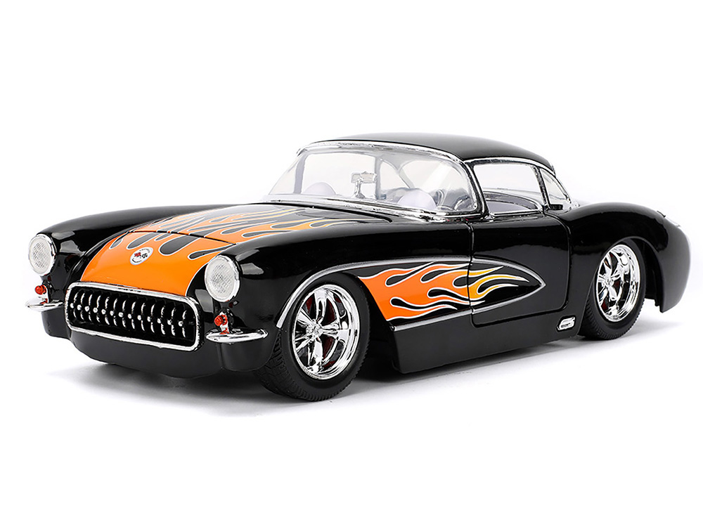1957 Chevrolet Corvette Black with Flame Graphics and White