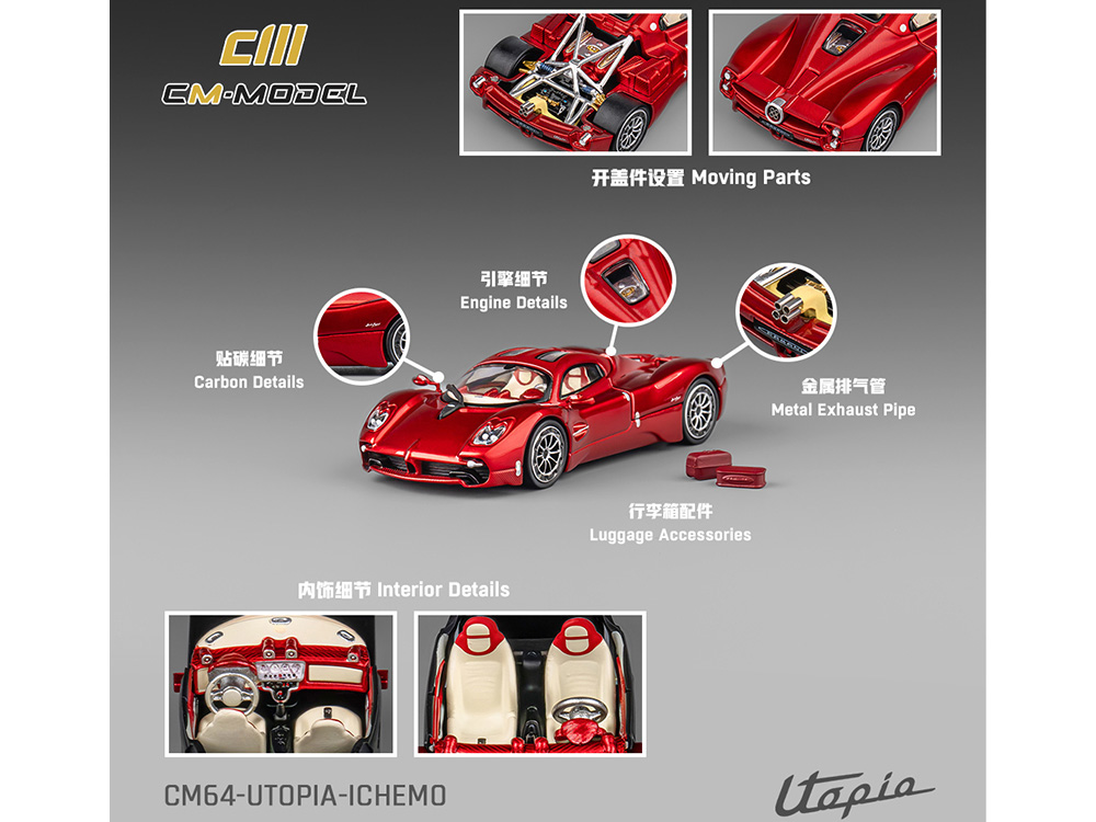 Pagani Utopia Red Metallic with Red Carbon Top 1/64 Diecast Model