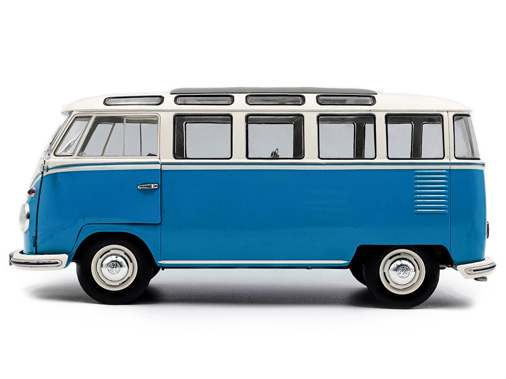 1962 Volkswagen T1 Samba Bus Baby Blue and White 1/18 Diecast