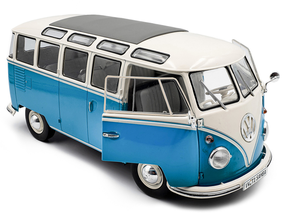 1962 Volkswagen T1 Samba Bus Baby Blue and White 1/18 Diecast