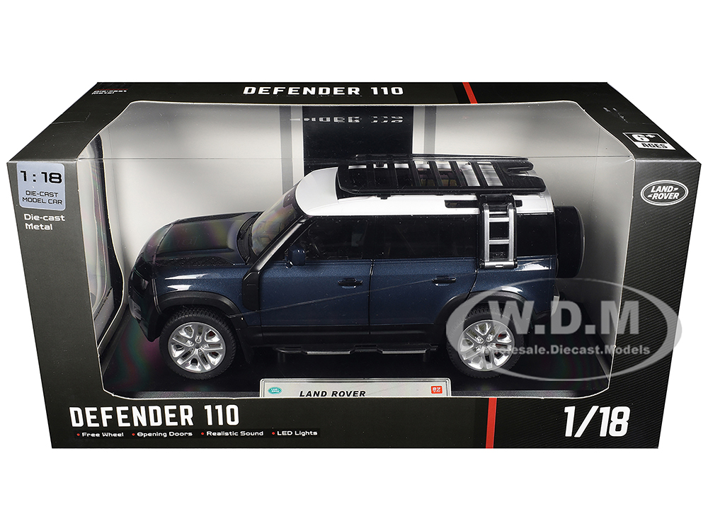 Land Rover Defender 110 Blue Metallic with White Top and Roof Rack