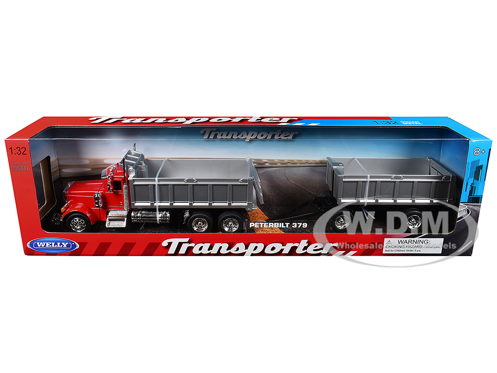 Peterbilt 379 Dump Truck Red with Gray Double Dump Trailer