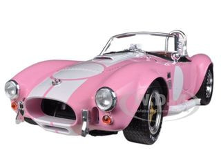 1965 Shelby Cobra 427 S/C Pink with White Stripes with Printed Carroll Shelby Signature's on the Trunk 1/18 Diecast Model Car by Shelby Collectibles