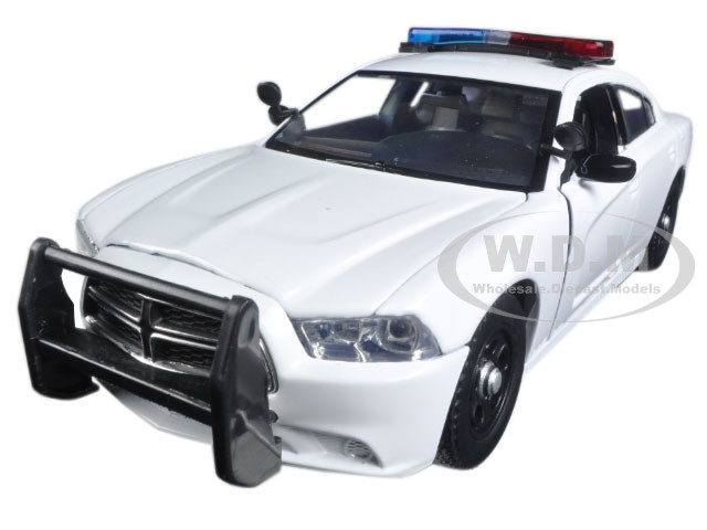 2011 Dodge Charger Pursuit Police Car White with Flashing Light Bar, Front and Rear Lights and 2 Sounds 1/24 Diecast Model Car by Motormax