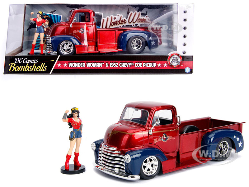 Jada 1:24 1952 Chevrolet COE Pickup Truck Candy Red and Blue with Wonder Woman Diecast Figure "DC Comics Bombshells" Series "Hollywood Rides" 1/24 Diecast Model