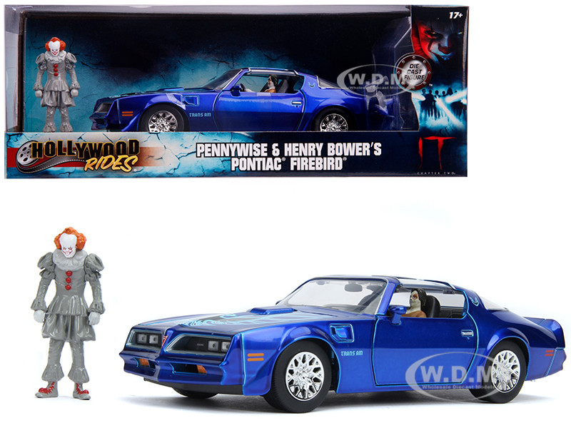 Jada 1:24 Henry Bower's Pontiac Firebird Trans Am Candy Blue with Pennywise Diecast Figurine "It Chapter Two" (2019) Movie 1/24 Diecast Model Car by Jada