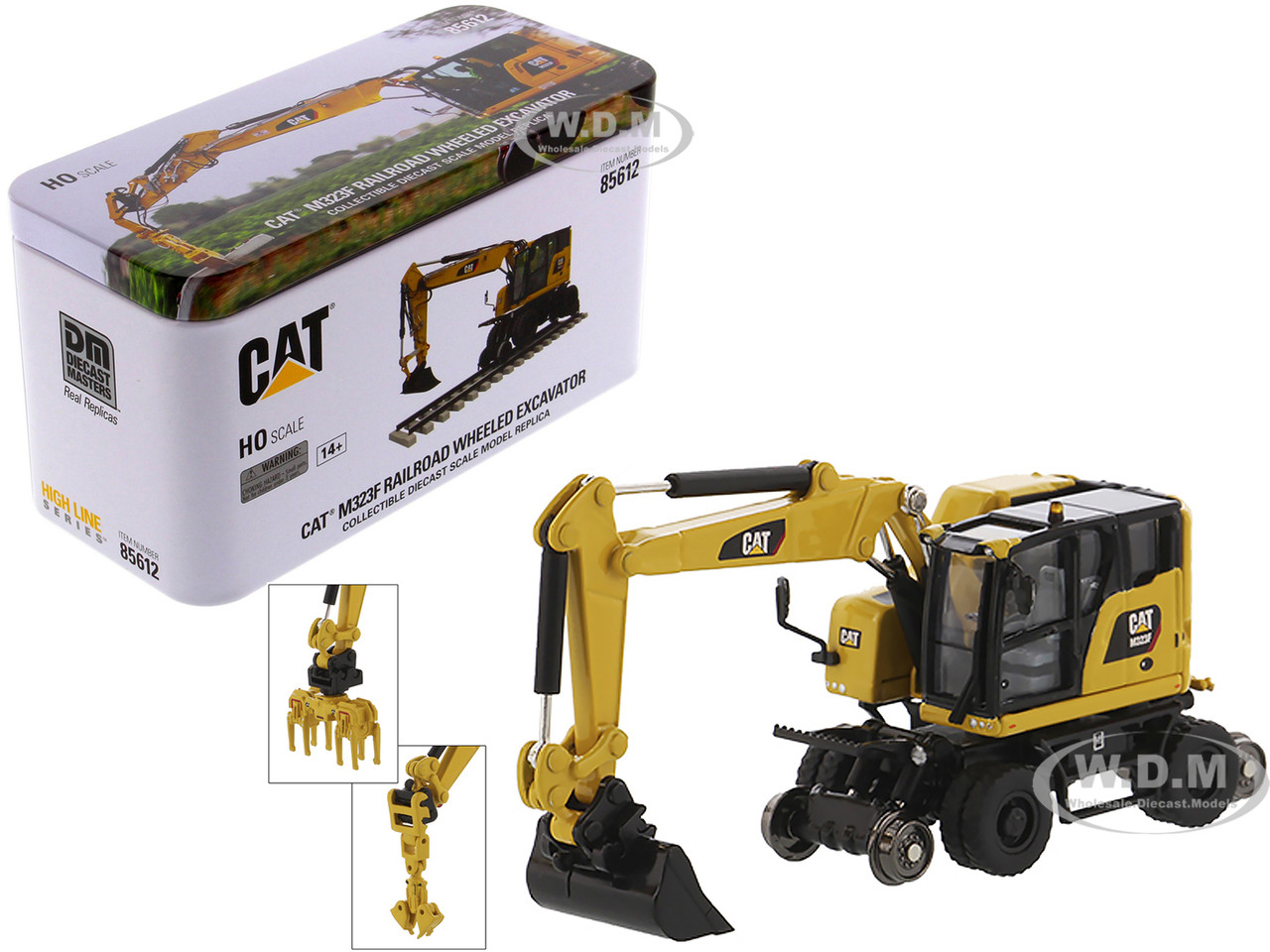 CAT Caterpillar M323F Railroad Wheeled Excavator with 3 Accessories (Safety Yellow Version) "High Line" Series 1/87 (HO) Diecast Model by Diecast Mast