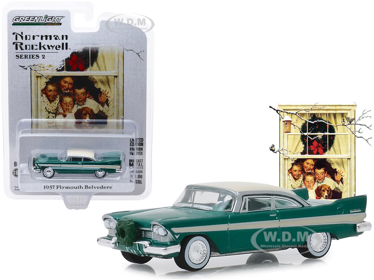 Greenlight 1:64 1957 Plymouth Belvedere with Wreath Accessory Green with Cream Top "Norman Rockwell" Series 2 1/64 Diecast Model Car by Greenlight