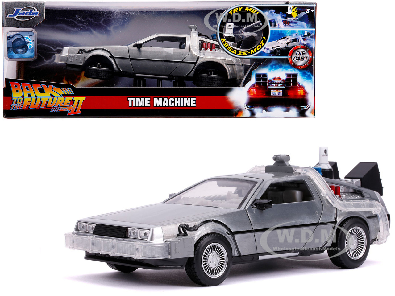 Jada 1:24 DeLorean Brushed Metal Time Machine with Lights (Flying Version) "Back to the Future Part II" (1989) Movie "Hollywood Rides" Series 1/24 Diecast Model