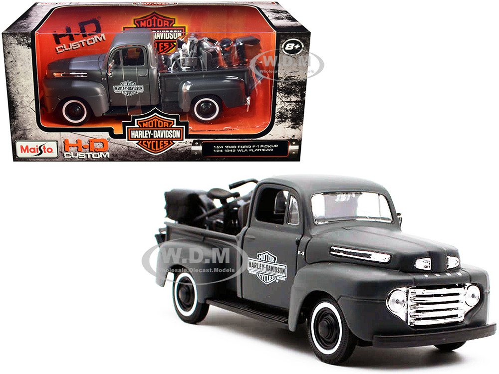 Maisto 1:24 1948 Ford F-1 Pickup Truck and 1942 Harley-Davidson WLA Flathead Motorcycle Matt Dark Gray "Harley-Davidson Custom" 1/24 Diecast Models by Maisto