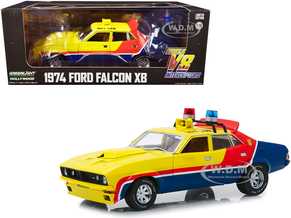 1974 Ford Falcon XB 4-Door Sedan RHD (Right Hand Drive) Yellow and Blue with Red Stripes "MFP 508" "First of the V8 Interceptors" (1979) Movie 1/18 Di
