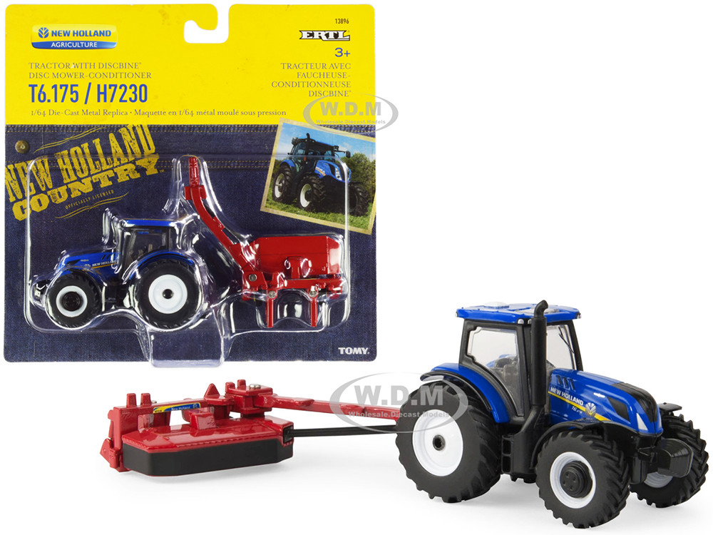 New Holland T6175 Tractor Blue with New Holland H7230 Discbine Disc MowerConditioner Red Set of 2 pieces 164 Diecast Models by ERTL TOMY