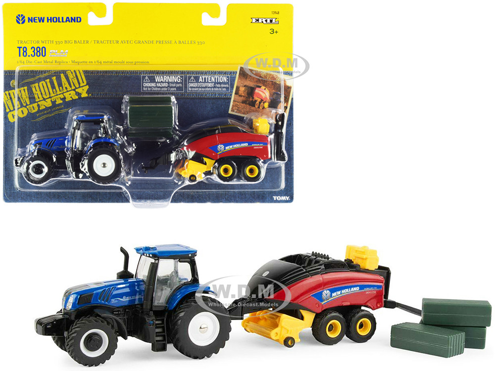 New Holland T8380 Genesis Tractor Blue with New Holland Big Baler 330 Red and 3 Bales Set of 3 pieces 164 Diecast Models by ERTL TOMY
