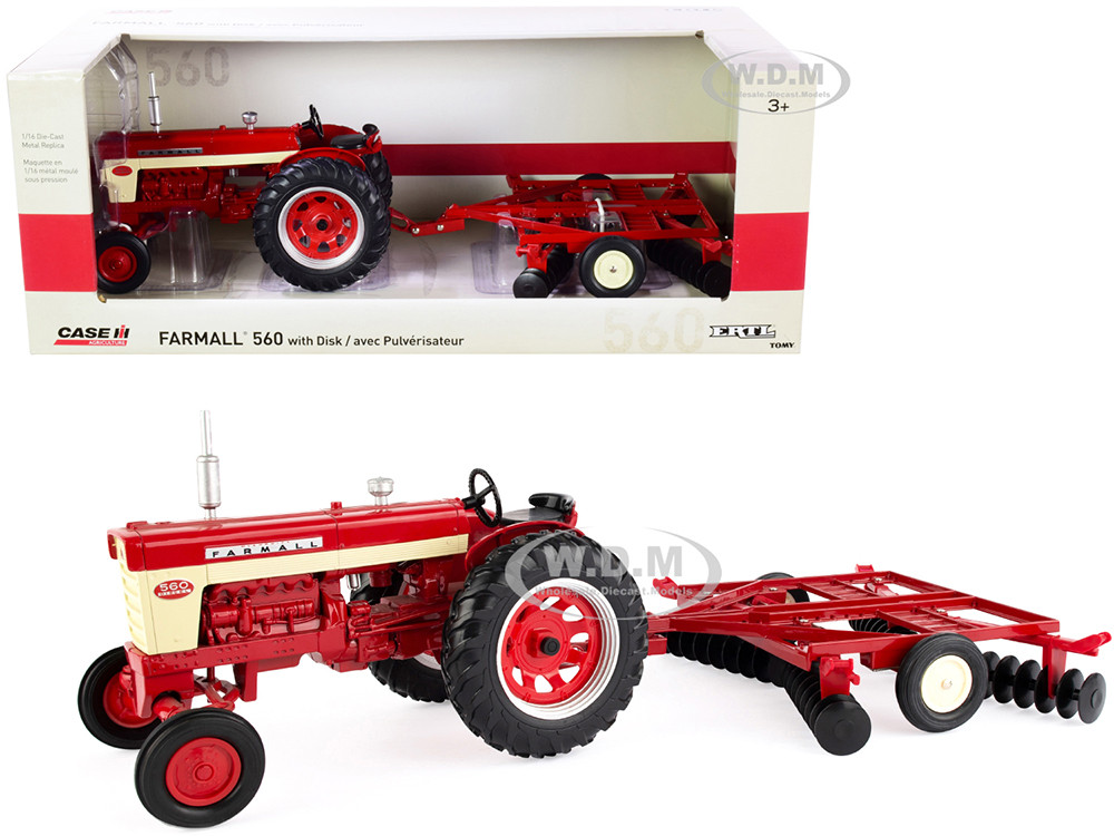 Farmall 560 Tractor with Dis? Harrow Red "Case IH Agriculture" Series 1/16 Diecast Model by ERTL TOMY