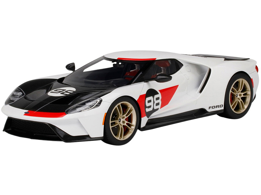 2021 Ford GT #98 White with Black Hood "Heritage Edition" 1/18 Model Car by Top Speed