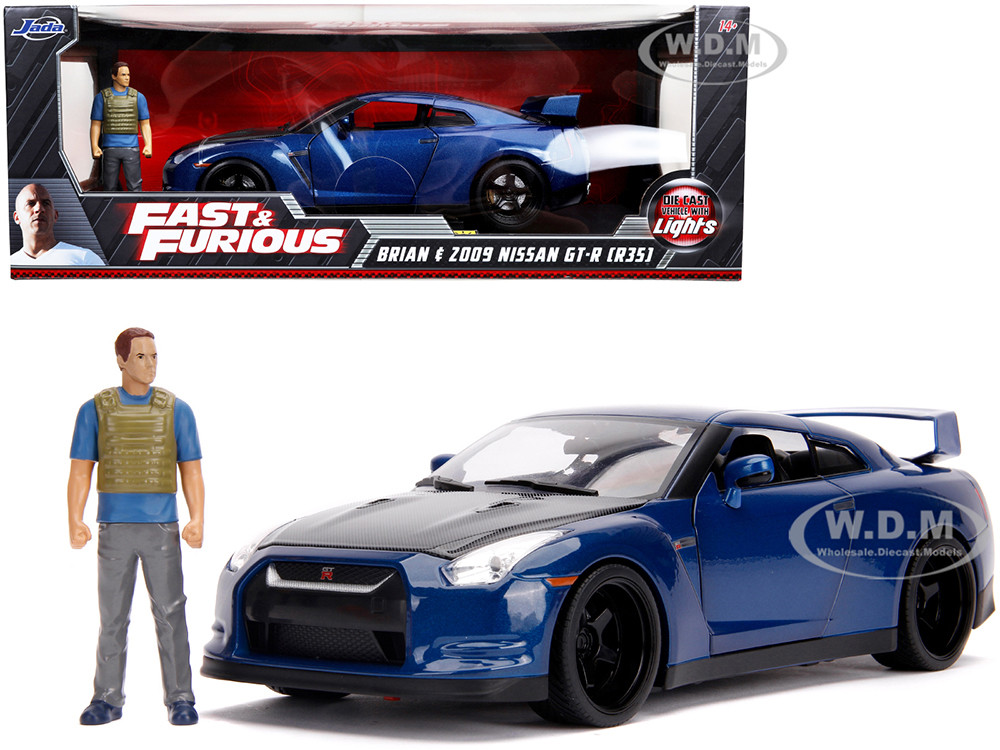 2009 Nissan GT-R (R35) Blue Metallic and Carbon with Lights and Brian Figurine "Fast & Furious" Movie 1/18 Diecast Model Car by Jada