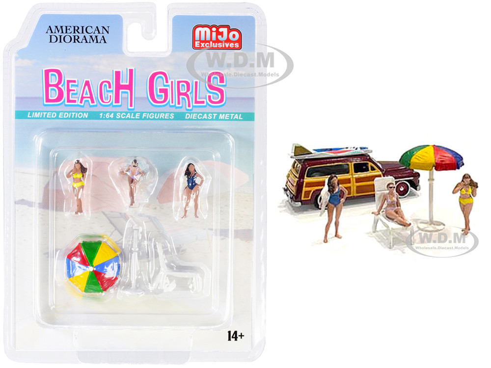 American Diorama 1:64 "Beach Girls" 5 piece Diecast Set (3 Figurines, 1 Beach Chaise and 1 Beach Umbrella) for 1/64 Scale Models by American Diorama