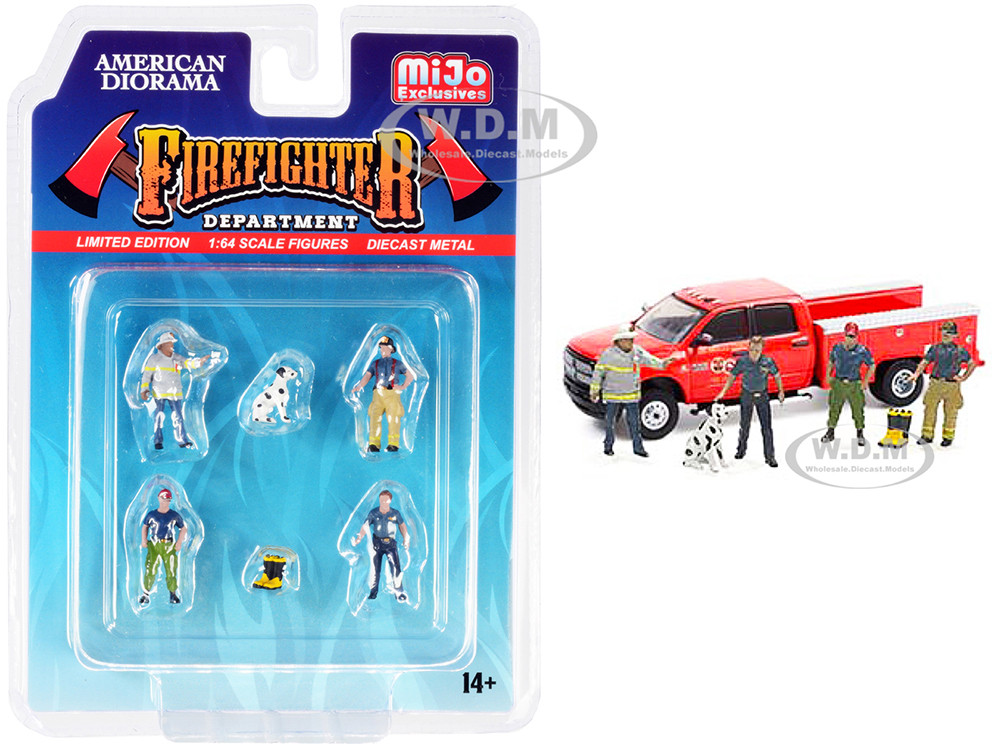 "Firefighter II" 6 piece Diecast Set (4 Figurines, 1 Dog and 1 Accessory) for 1/64 Scale Models by American Diorama