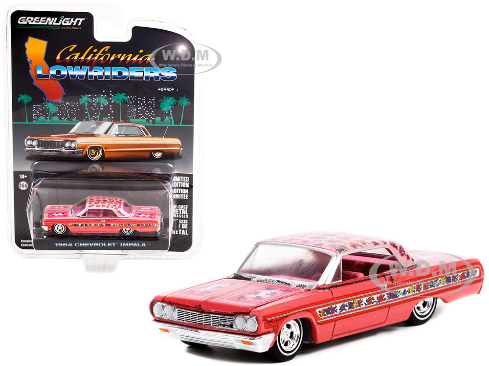 Greenlight 1:64 1964 Chevrolet Impala Lowrider Pink Metallic with Rose Graphics and Pink Interior "California Lowriders" Release 1 1/64 Diecast Model Car by Greenligh