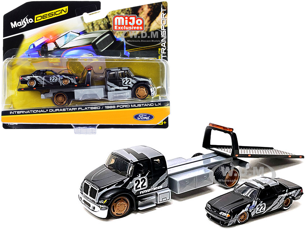 1988 Ford International DuraStar Flatbed Truck #22 and Mustang LX #22 Matt Graphics "Toyo Tires" "Elite Transport" Series Models Black 1:64 diecast model Maisto