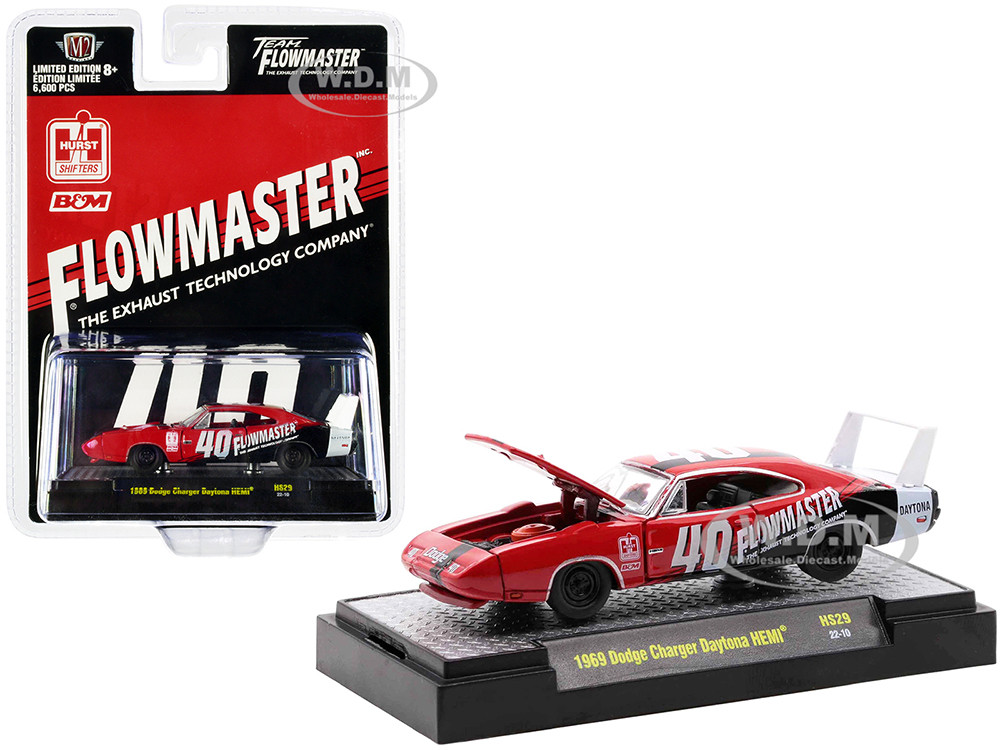 1969 Dodge Charger Daytona HEMI 40 Red with Graphics Flowmaster Limited Edition to 6600 pieces Worldwide 164 Diecast Model Car by M2 Machines