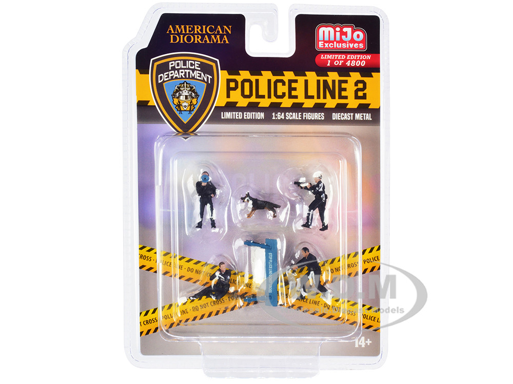 American Diorama 1:64 "Police Line 2" 6 piece Diecast Set (4 Police Figures, 1 Dog Figure and 1 Accessory) Limited Edition to 4800 pieces Worldwide for 1/64 Scale Models by