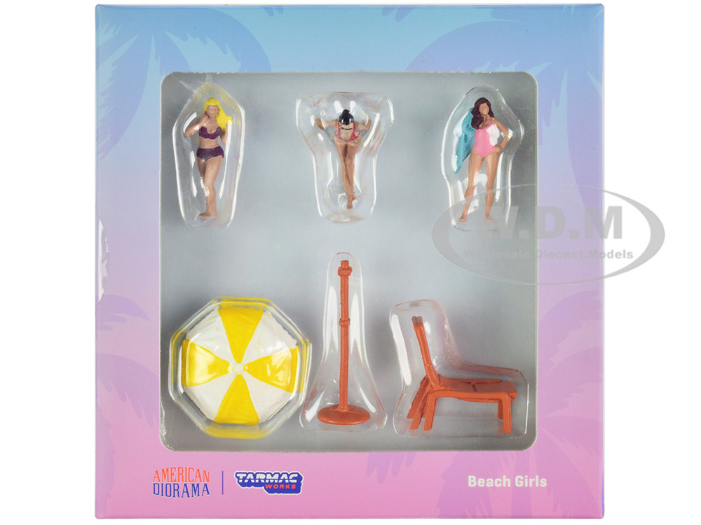 "Beach Girls" 5 piece Diecast Figure Set (3 Female Figures and 2 Beach Accessories) for 1/64 Scale Models by Tarmac Works & American Diorama