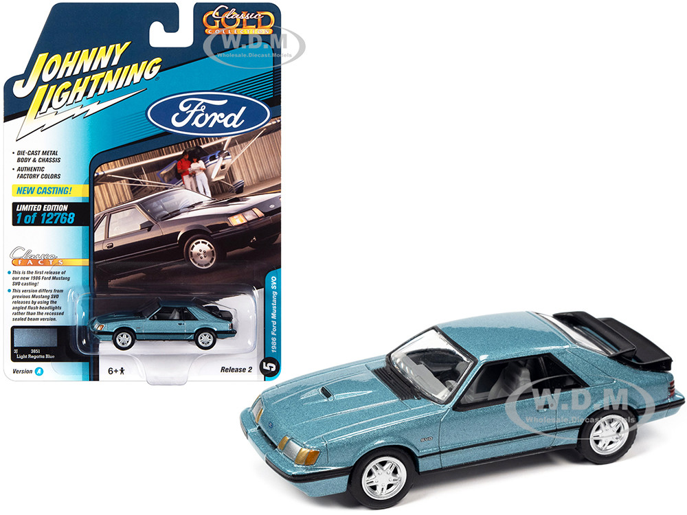 Johnny Lightning 1:64 1986 Ford Mustang SVO Light Regatta Blue Metallic with Black Stripes "Classic Gold Collection" Series Limited Edition to 12768 pieces Worldwide 1/64 D
