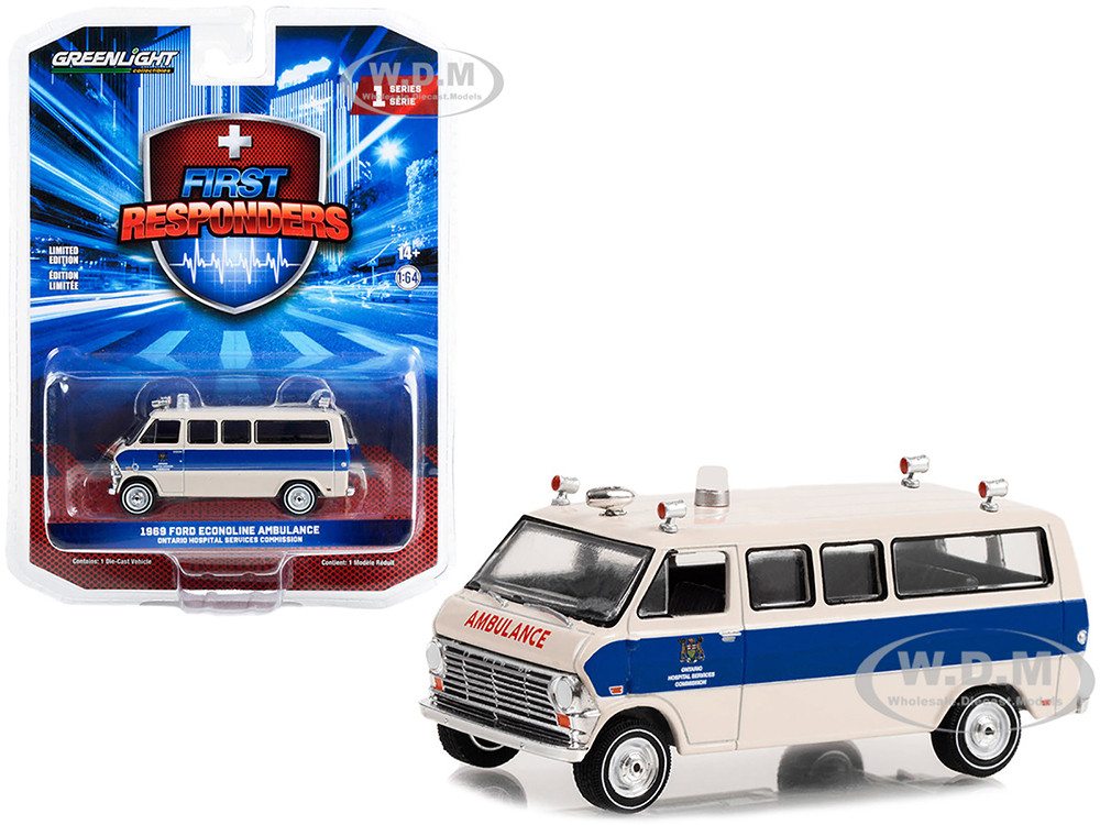 1969 Ford Econoline Ambulance Stripes "Ontario Hospital Services Commission, Ontario, Canada" "First Responders" Series 1 Blue 1:64 model Greenlight