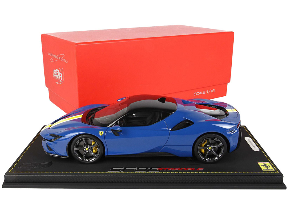 Bbr 1:18 2019 Ferrari SF90 Stradale Azzurro Dino Blue with Yellow and White Stripes with DISPLAY CASE Limited Edition to 99 pieces Worldwide 1/18 Model Car by