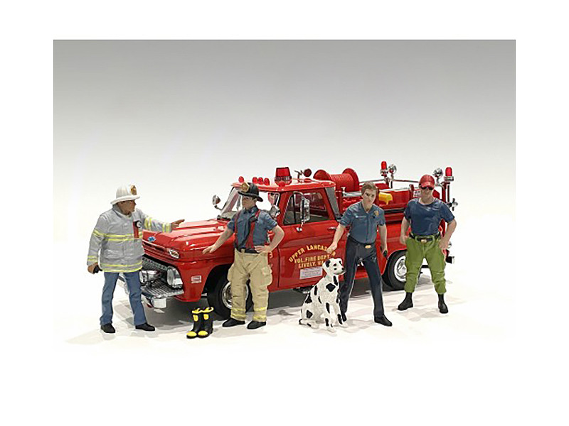 "Firefighters" 6 piece Figure Set (4 Males, 1 Dog, 1 Accessory) for 1/18 Scale Models by American Diorama