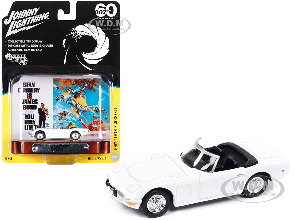 Johnny Lightning 1:64 1967 Toyota 2000 GT Convertible RHD (Right Hand Drive) White 007 (James Bond) "You Only Live Twice" (1967) Movie with Collectible Tin Display "Silver
